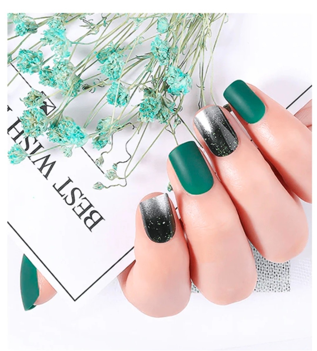 Metallic Green press on nails kit with glue silver unique design