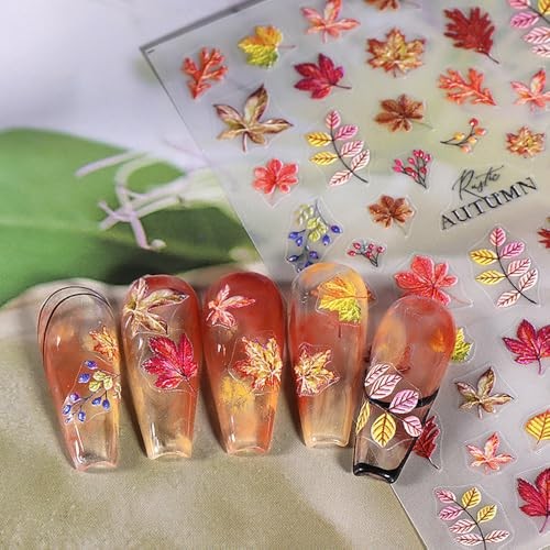 Autumn Nail Art Stickers Fall Leaves Pumpkin Decals 3D Self 09.fall Leaves