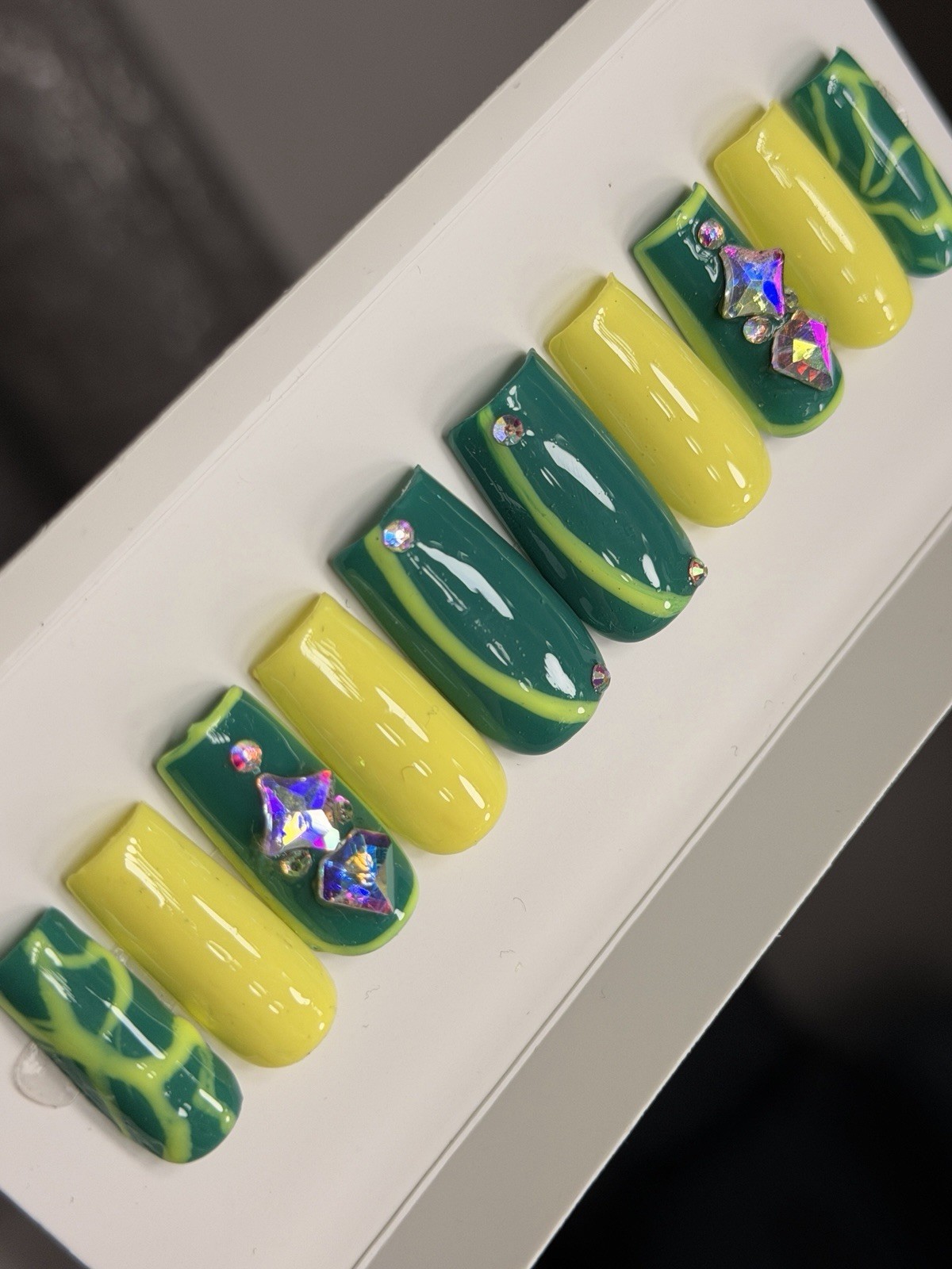 🤍 CUSTOM Hard Gel Press On Nails, GREEN YELLOW BLING 10p FULL SET W Kit