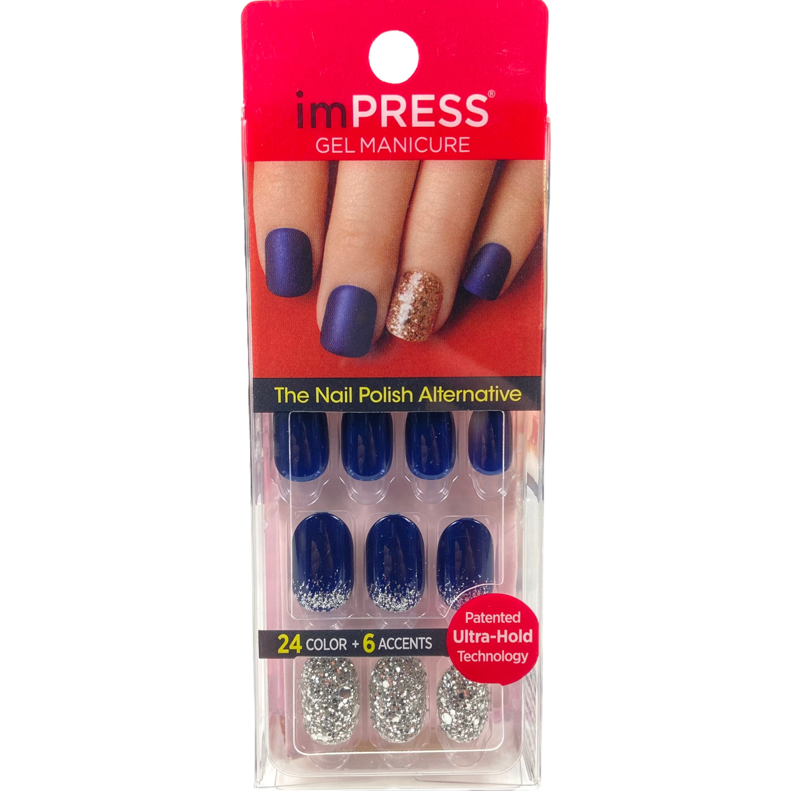 NEW Kiss Nails Impress Press On Manicure Short Gel Oval Dark Blue Silver