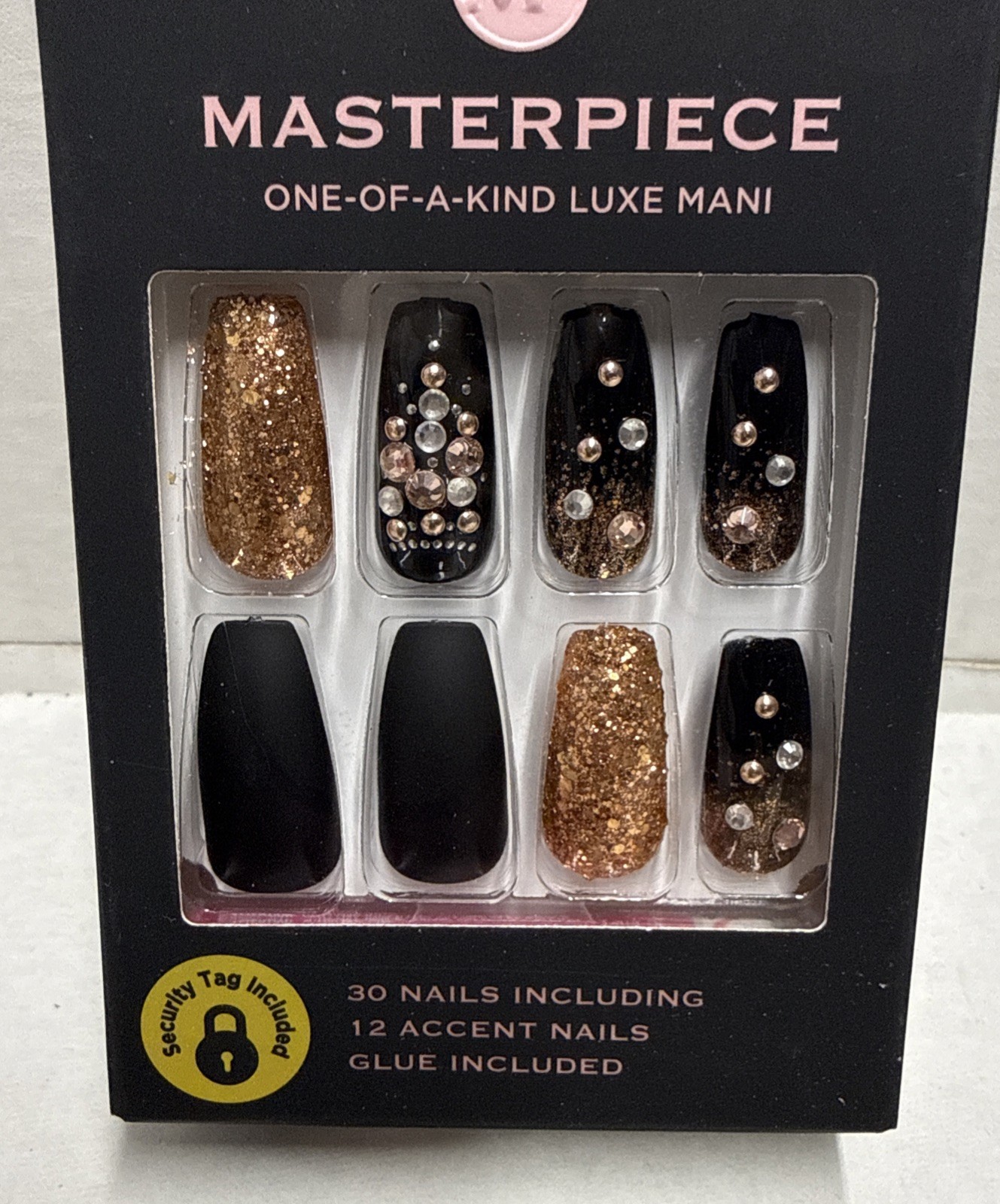 Kiss By MASTERPIECE LUXE MANI 30 Nails Black Rose Gold Glitter Rhinestone & GLUE