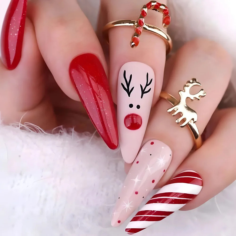 2026 Christmas Red Snow Deer Long Press On Nails
