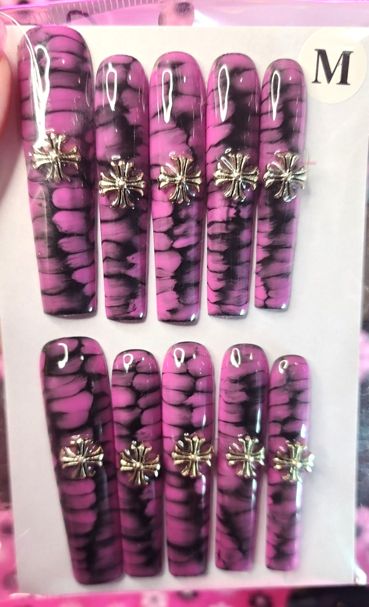 Medium Size Super Long Pink Wild Cross Square Press-on Nail Set