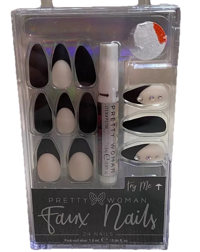 NEW Pretty Woman Faux Nails Set Glue Almond Black Matte Rhinestone