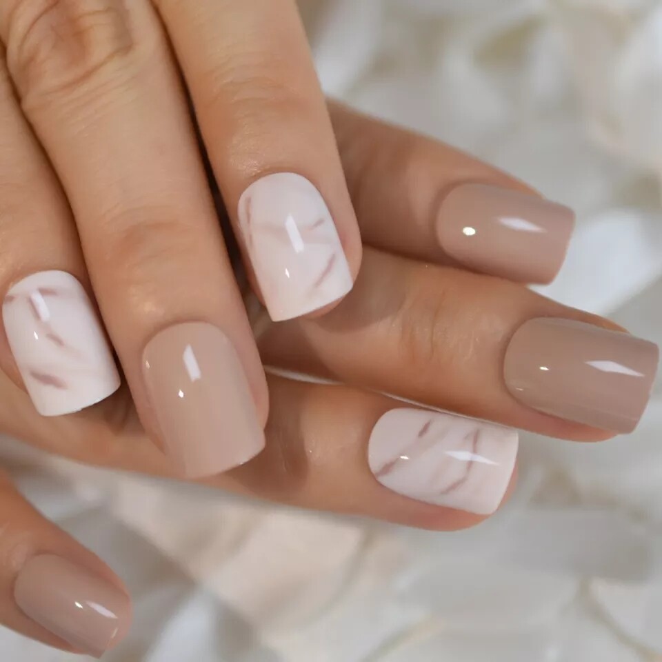 Cream Marble Short Press on nails with glue 24 nails beige camel nude white tan