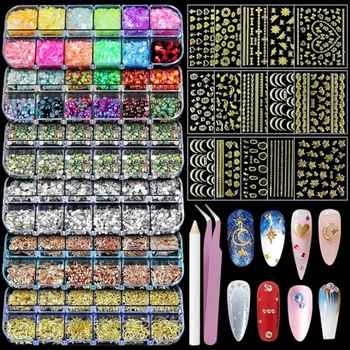 Nail Art Glitter Studs Kit, 6 Boxes Multicolor and Multicolor and design set