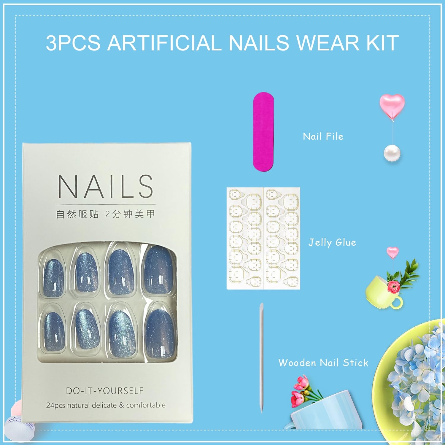 Tyuimhx Blue Cat Eye Press on Nails Medium Oval Fake Nails Glitter False Nail…
