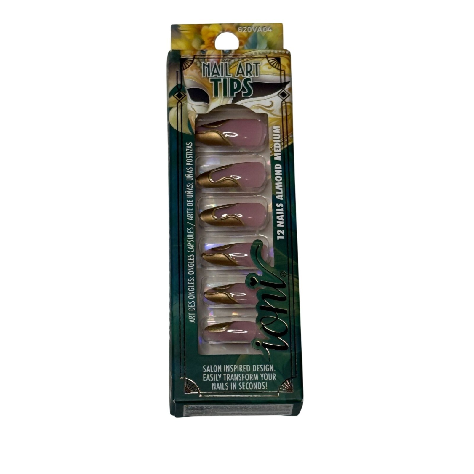 ioni Press On Nails Almond Medium Pink Gold Swirl Veil of Allure 12pc NWT