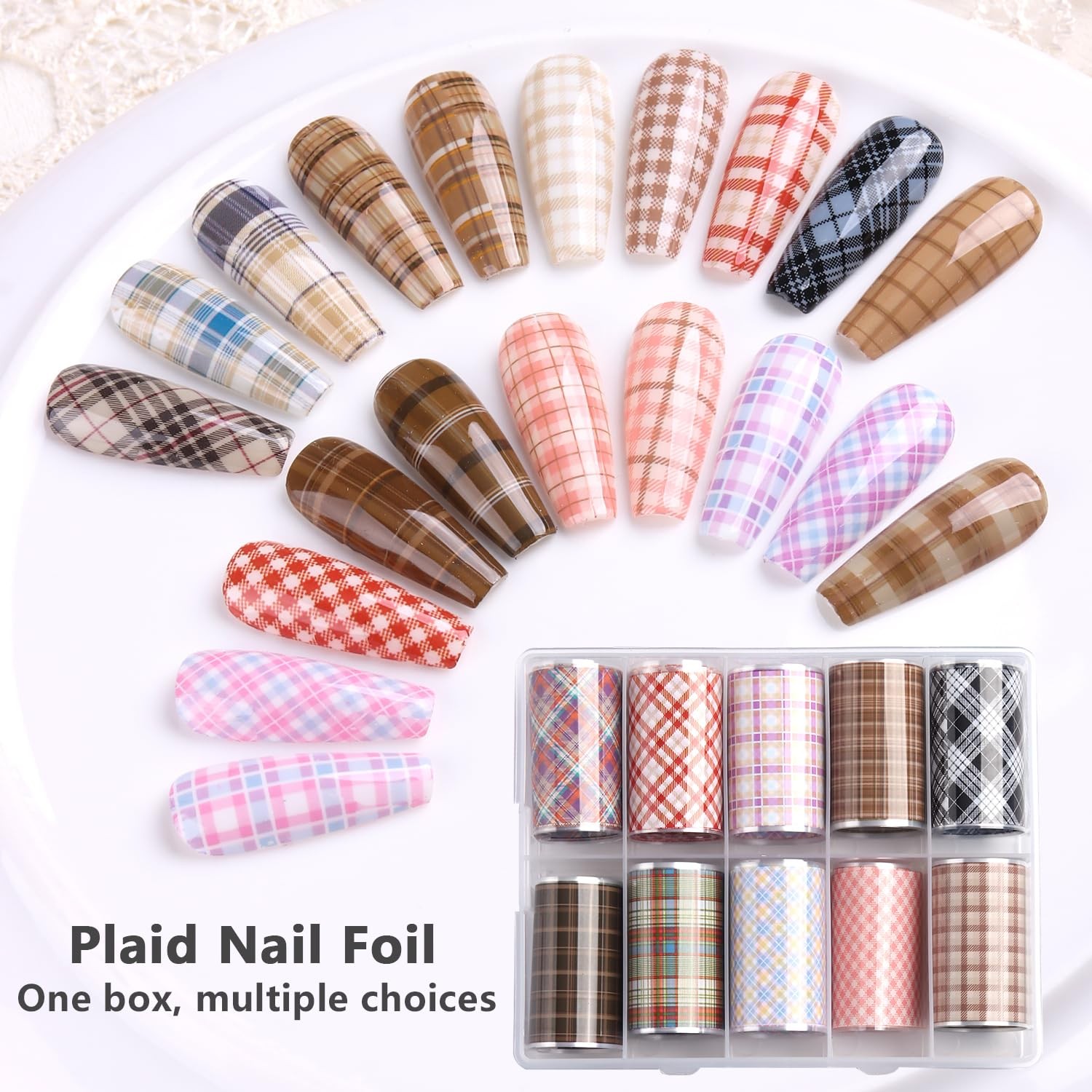 10 Rolls Plaid Nail Art Foil Transfer Sticker Decals Colorful Red Plaid