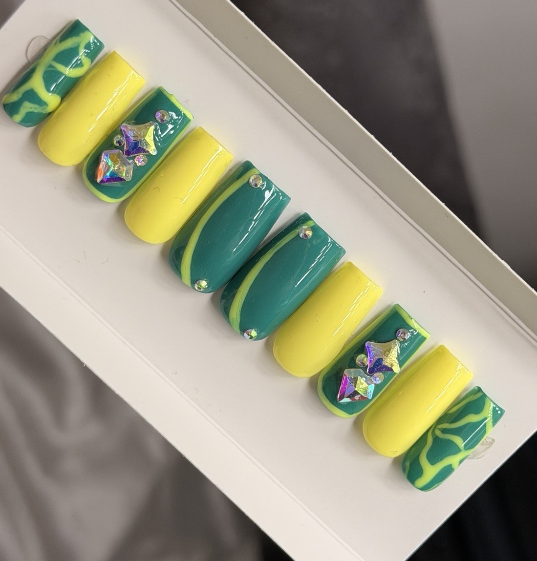 🤍 CUSTOM Hard Gel Press On Nails, GREEN YELLOW BLING 10p FULL SET W Kit