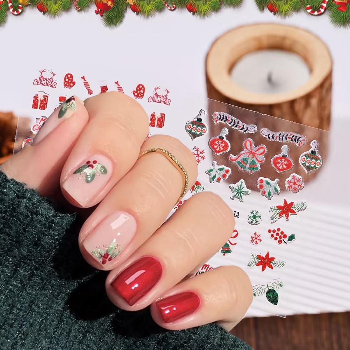Glitter Christmas Nail Art Stickers for Set 3D Self- Adhesive Nail Supplies S…