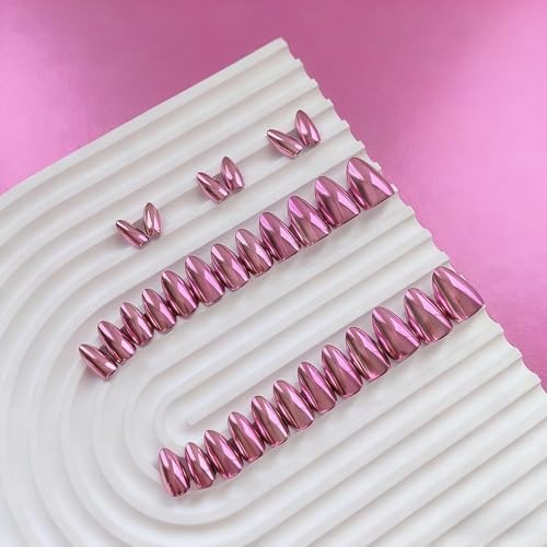 Short Almond Nails – Metallic Baby Pink – Glue – Chrome Press On