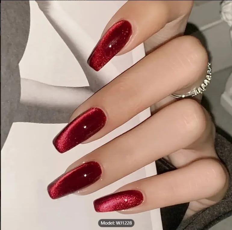 Red Press on Nails Square Medium Fake Nails Wine Red Cat Eye Short Style 9
