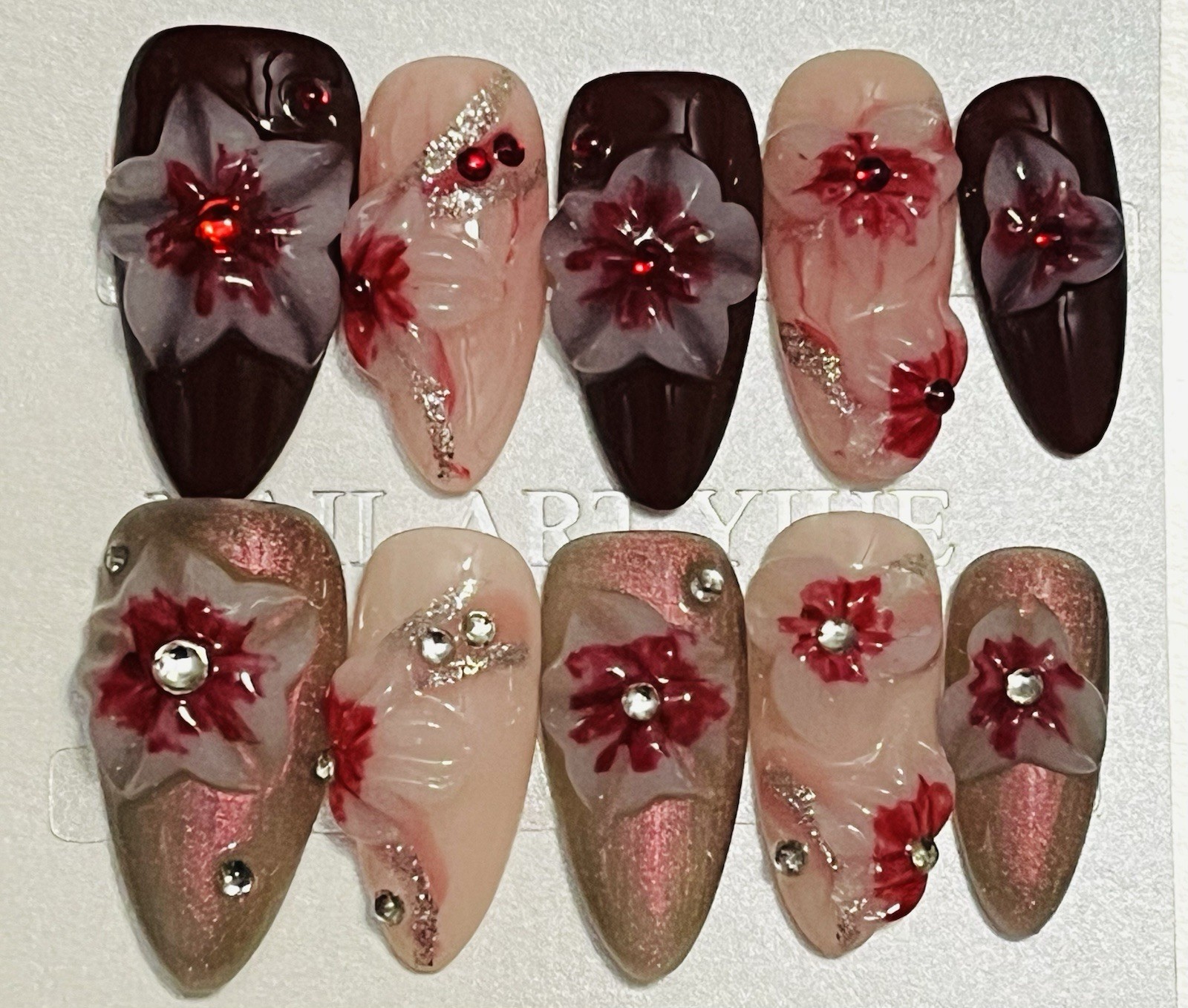 10 PCs Handmade Press On Nails Medium Length Almond 3D Flowers & Rhinestones