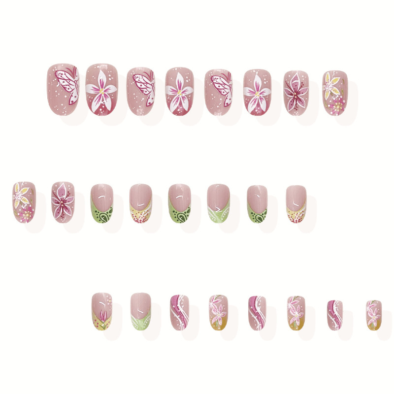 48pcs-Press on Nails Pink Green Nude Almond 3D Floral French Tip Spring Design