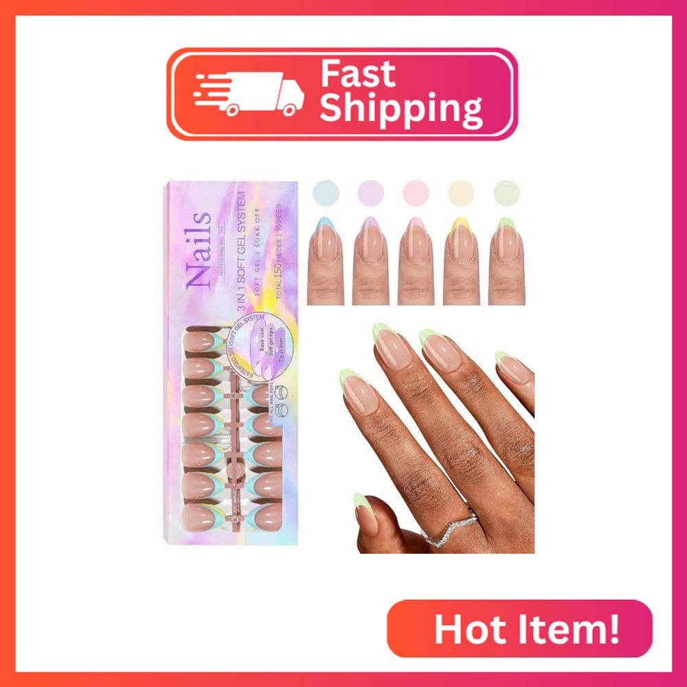 CHANGAR French Gel Nail Tips, 150Pcs Almond French Tip Press on Nails with Pre-a