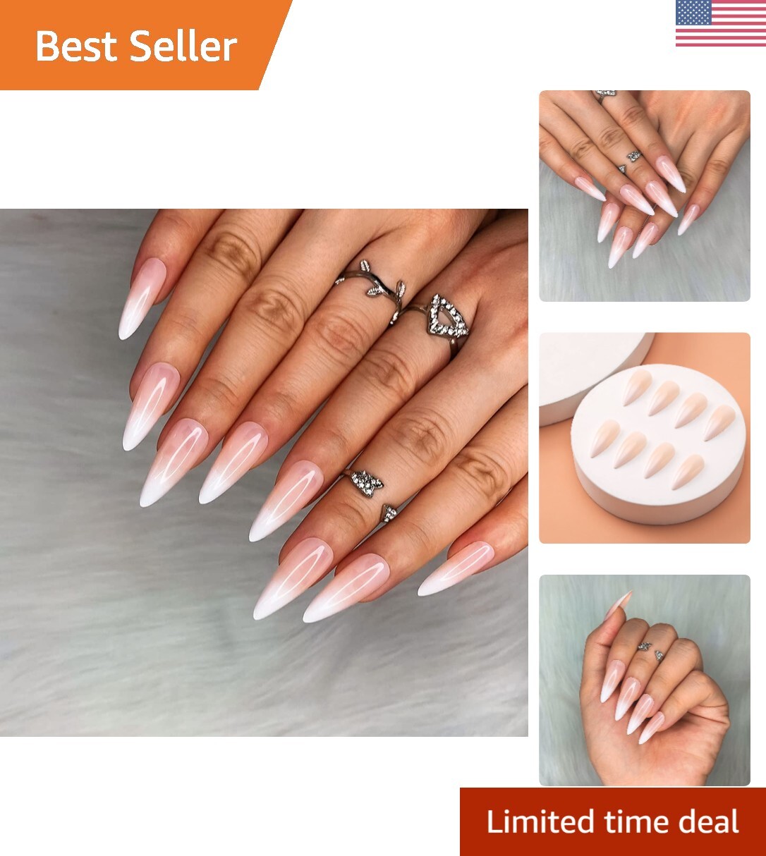 French Ombre Fake Nails – Medium Long Stiletto Almond Press on Nail Tips – 24pcs