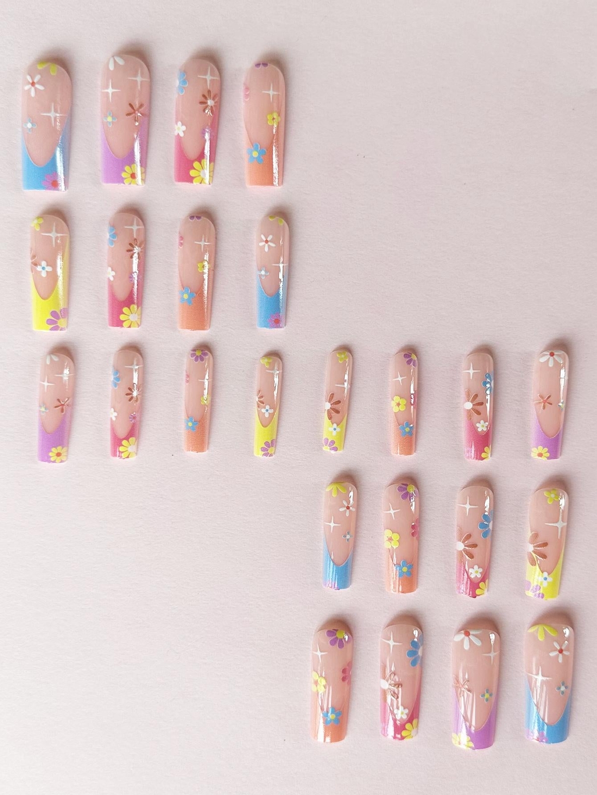 24pcs Long Square Sunset Ombre Flower Fake Nail Kit False Nails Press On Nails