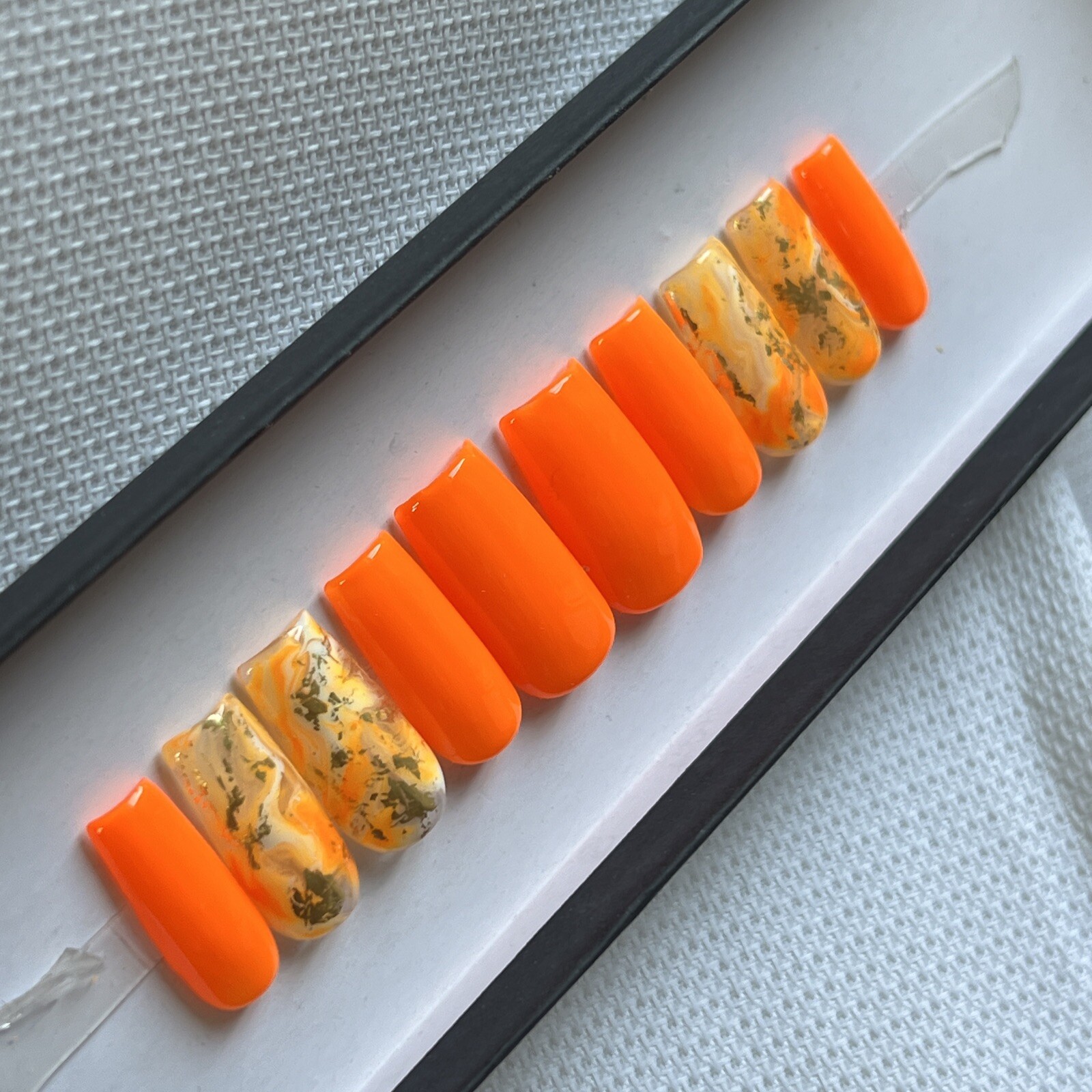 🧡 CUSTOM Hard Gel Press On Nails, BLAZING ORANGE W BLING 10p SET W Kit