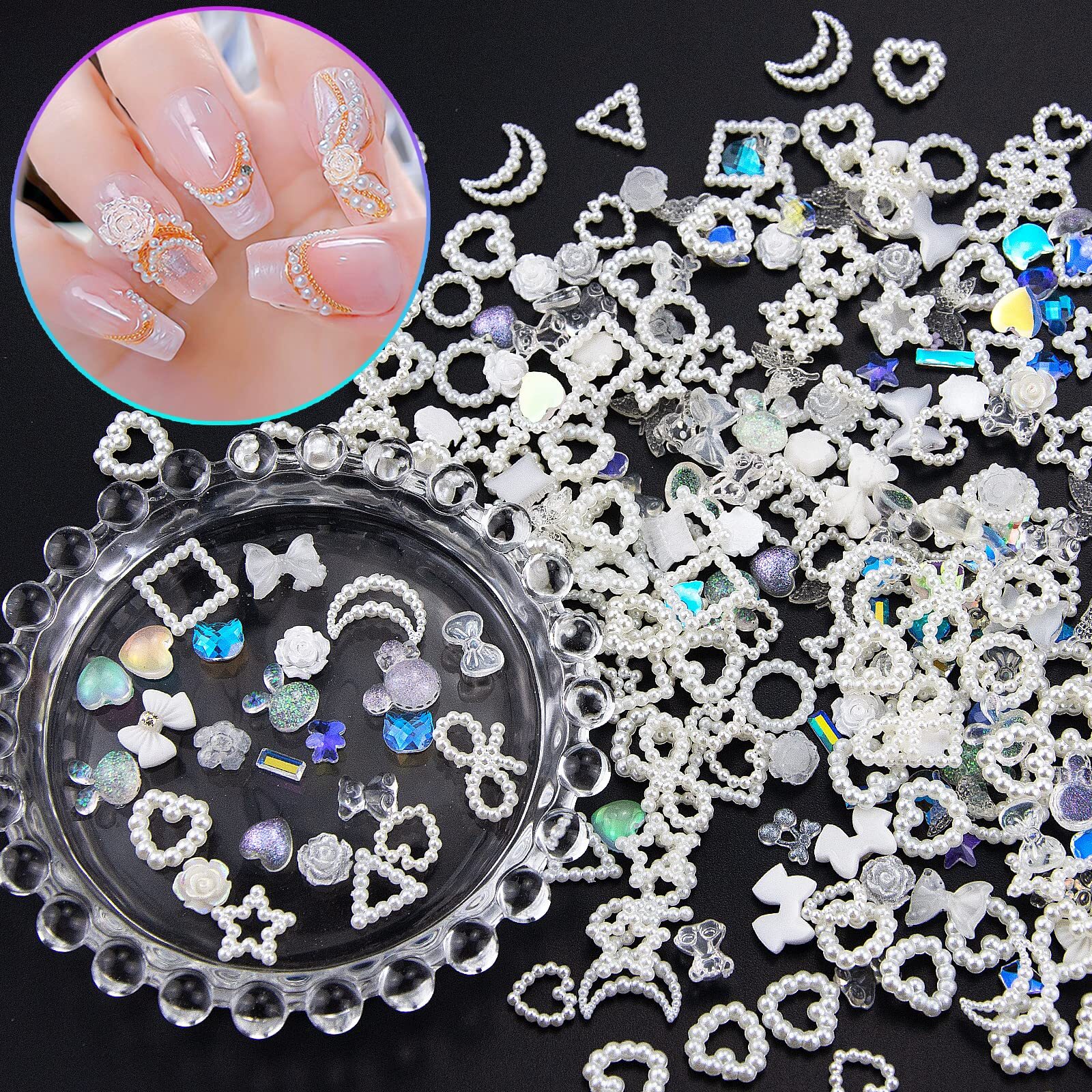 260Pcs 3D Assorted Pearls Nail Charms Acrylic Multi Shapes Heart Flower