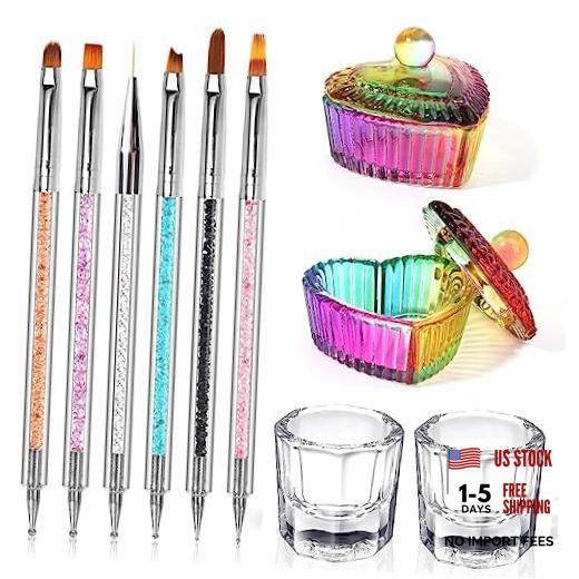 Nail Art Brushes – 6 Acrylic Nail Brushes – Dappen Dish Set – 10 Piece Set