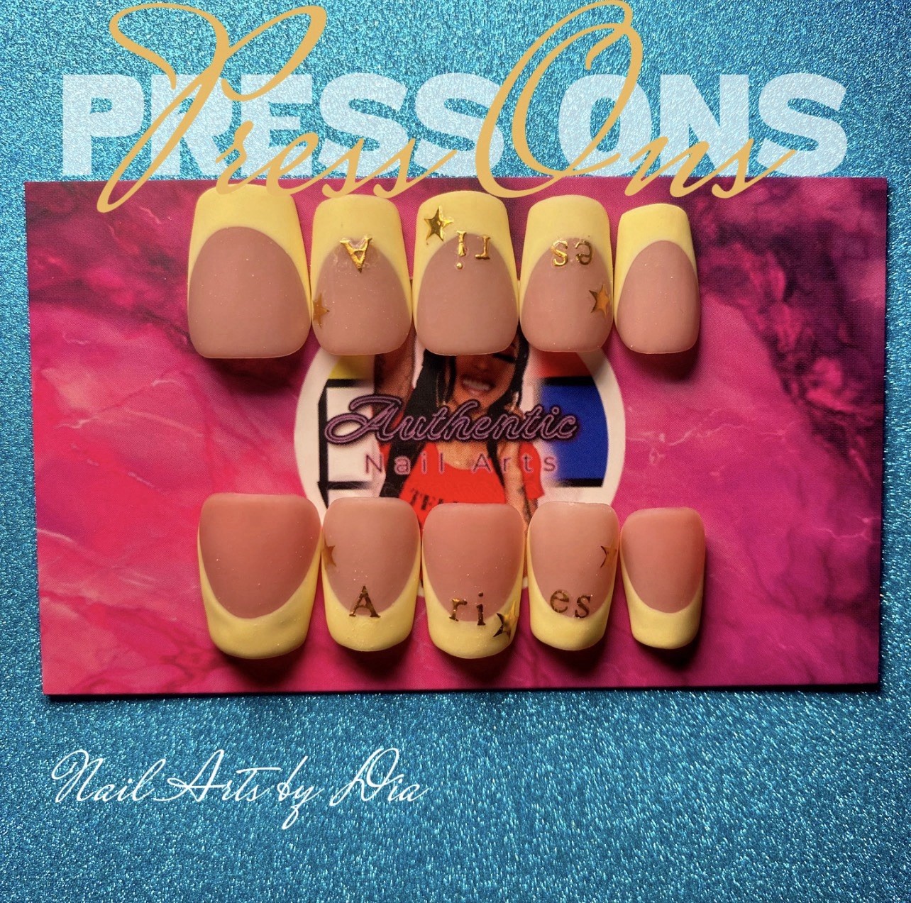 Authentic Nail Arts by Dia Square Press-On Nails Nude Yellow French 3D Zodiac