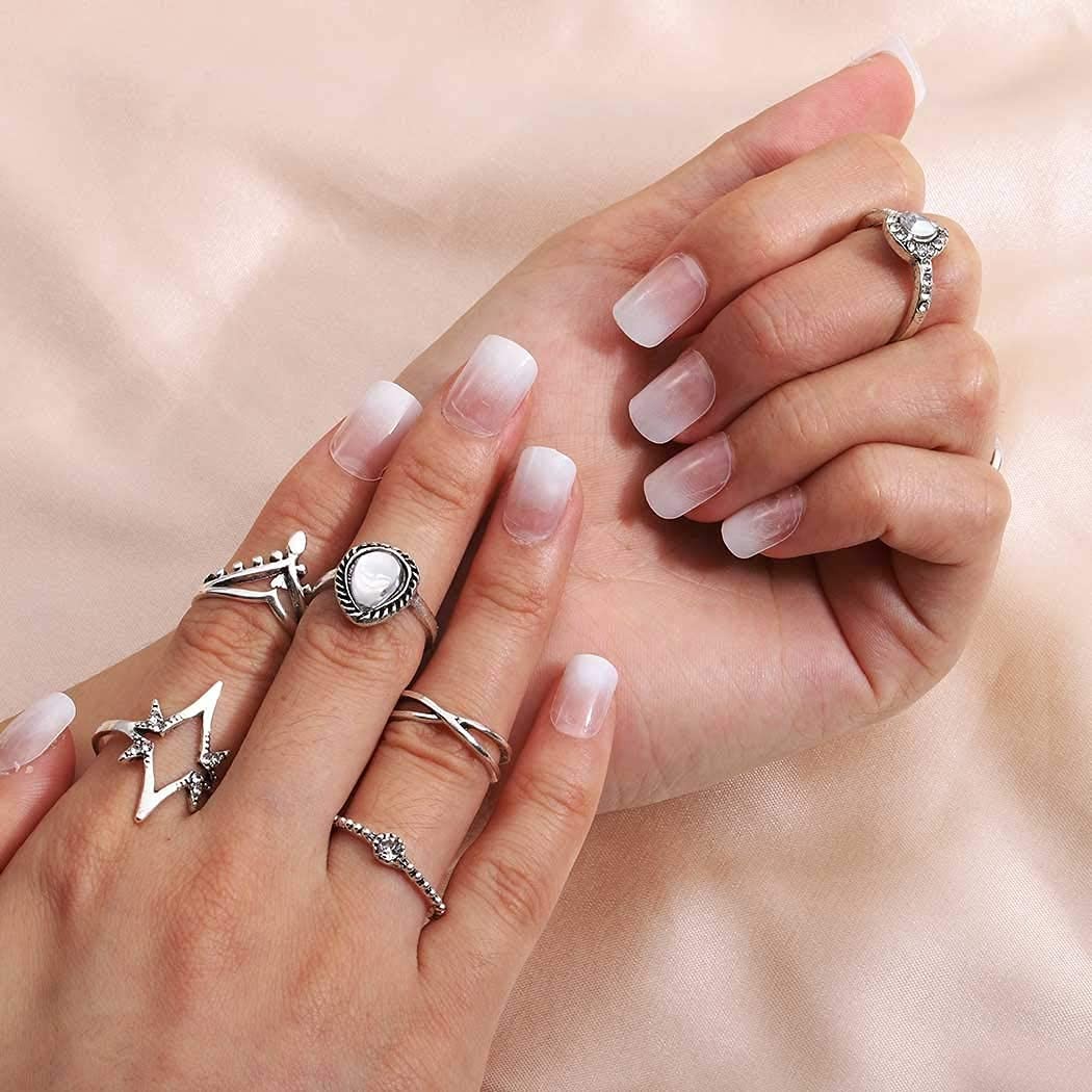 Press on Nails White Ombre Fake Nails Short Square Glossy False Nails Acrylic…