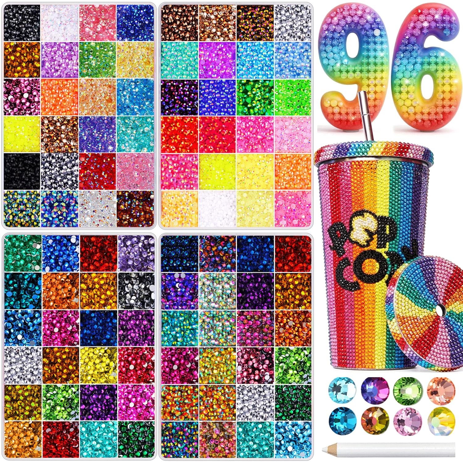 96000Pcs 96 Colors Jelly Resin Rhinestones for Bedazzling, 3mm Multicolor Fla…