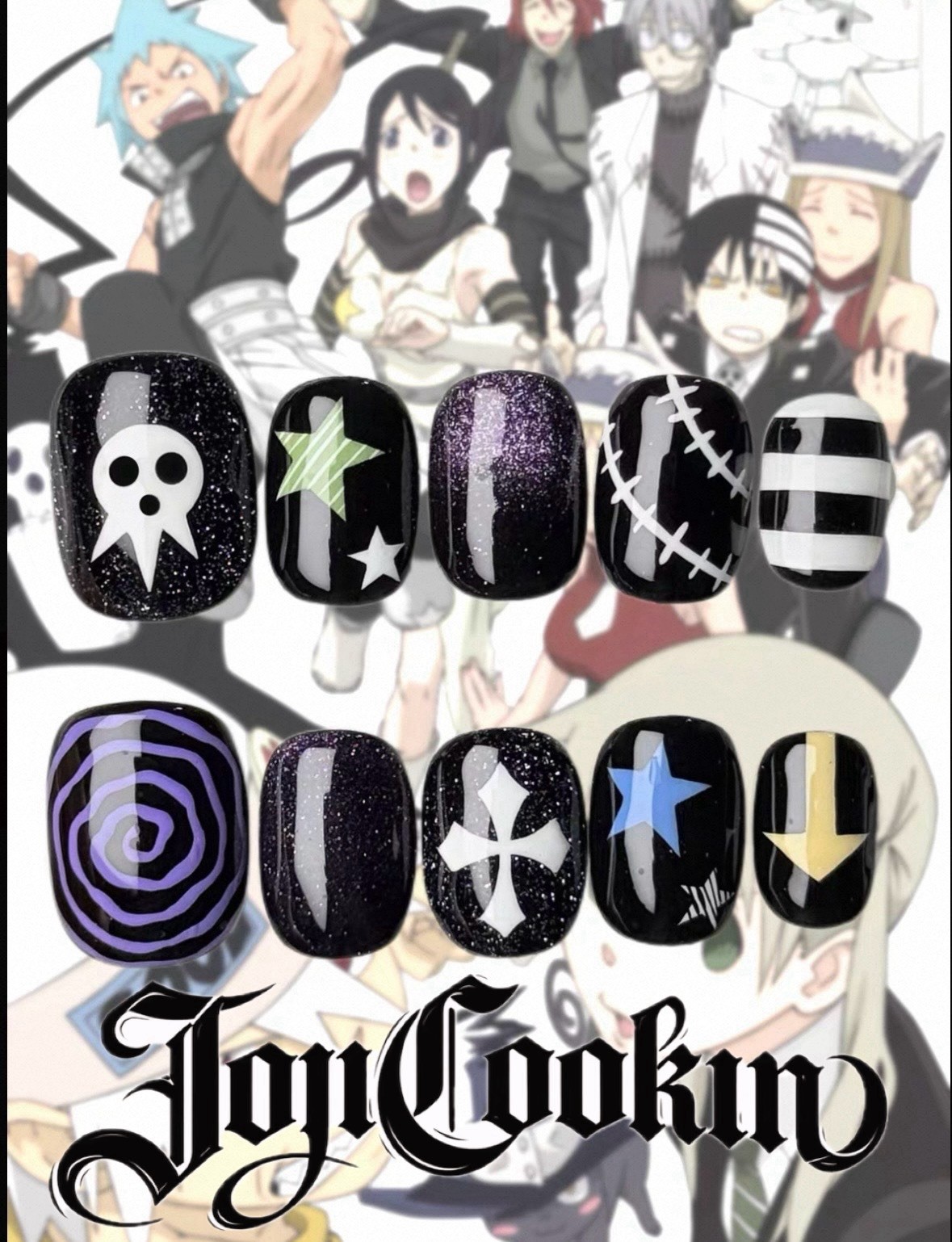 JoyCookun Anime Glitter Square Press-On Nails Black White Purple Green Blue