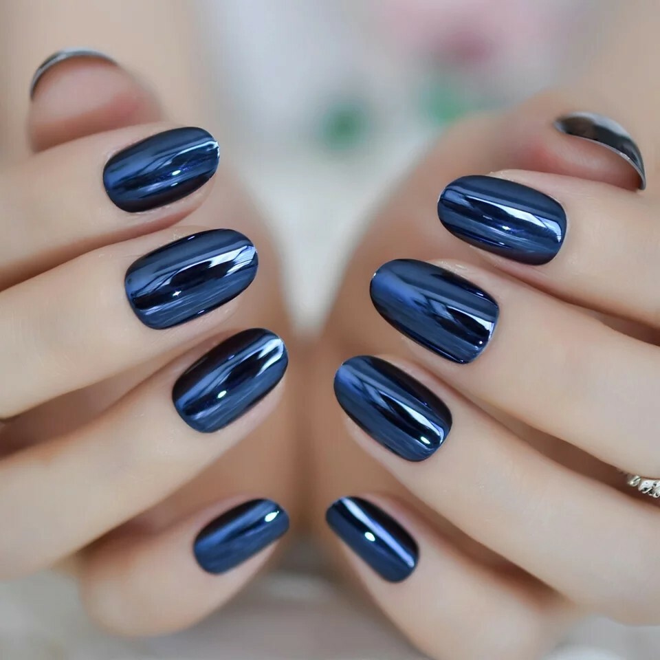 Metallic Dark Blue Chrome Press On Nails medium short Mirror Shiny Goth Fast