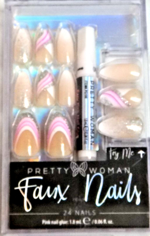 Pretty Women 24 Natural Faux Nails Pink Nail Glue – French Almond Silver Glitter