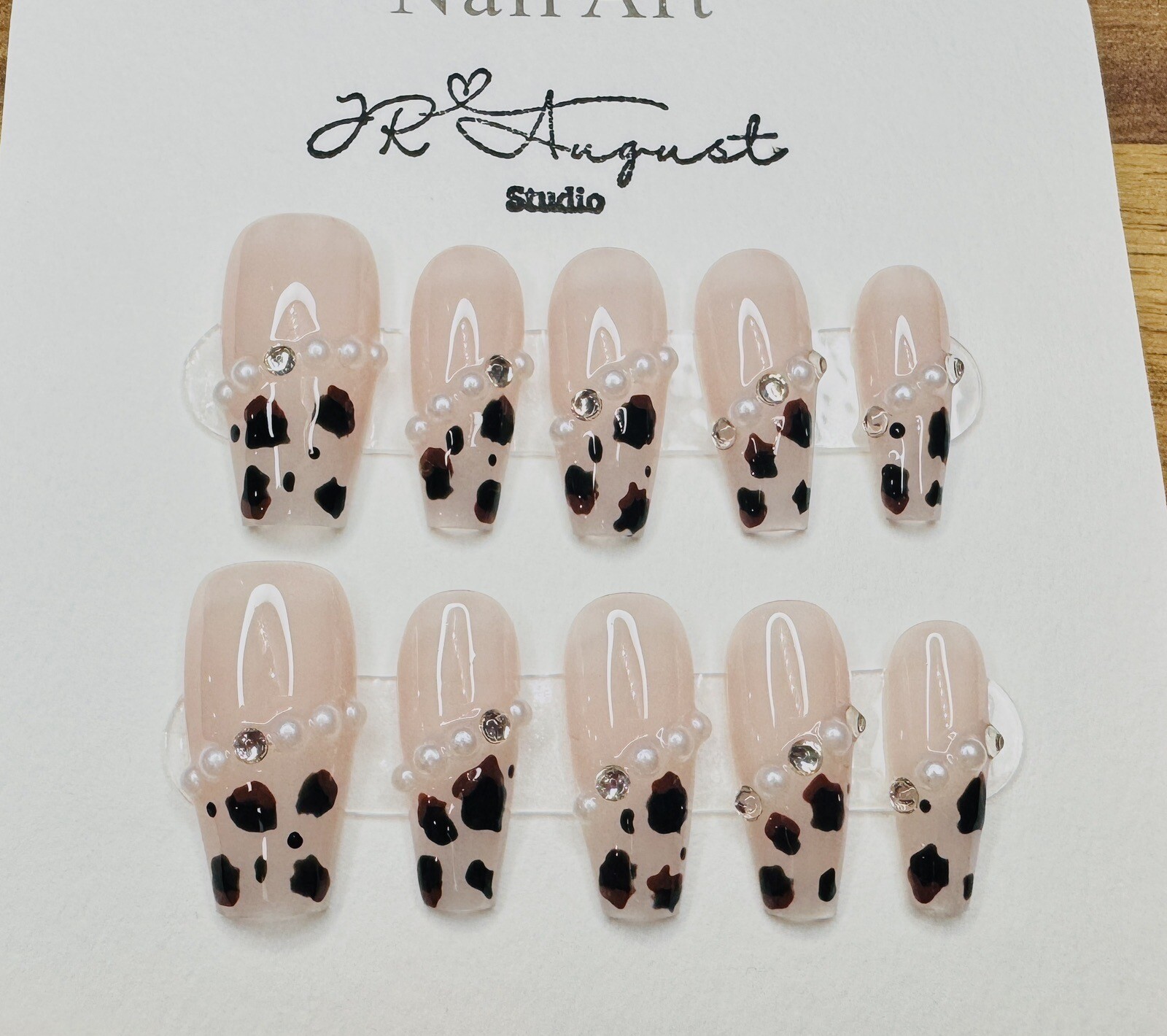 Press on nails Handmade Leopard Print Flesh Pink long coffin S M L