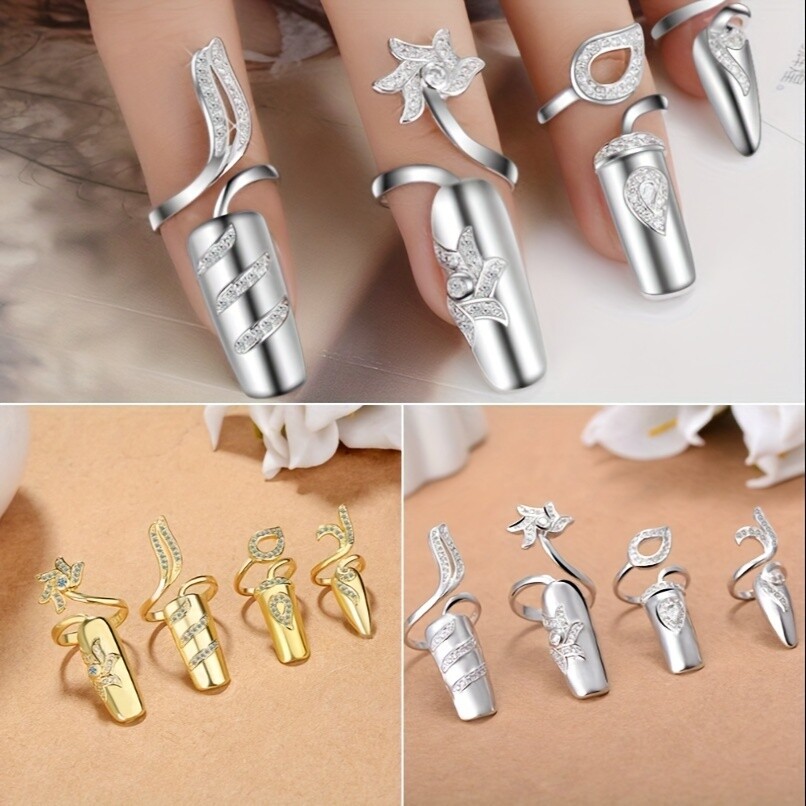 Women’s Fashion Nail Ring Silver Rhinestone Nail Ring Adjustable Nail Cap