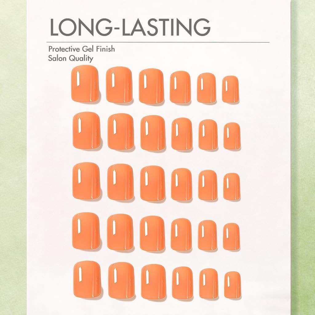 SXVME Short Square Press On Nails Orange 30 Pcs 15 Sizes