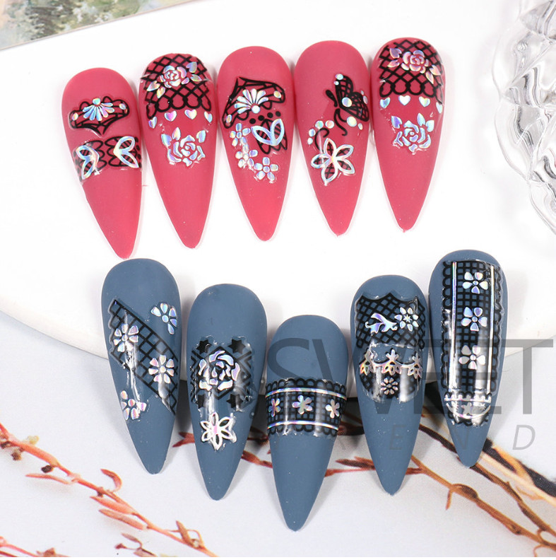 Silver Black Nail Sticker Laser Butterfly Rose Lace Flower Heart Peel Stick NH21