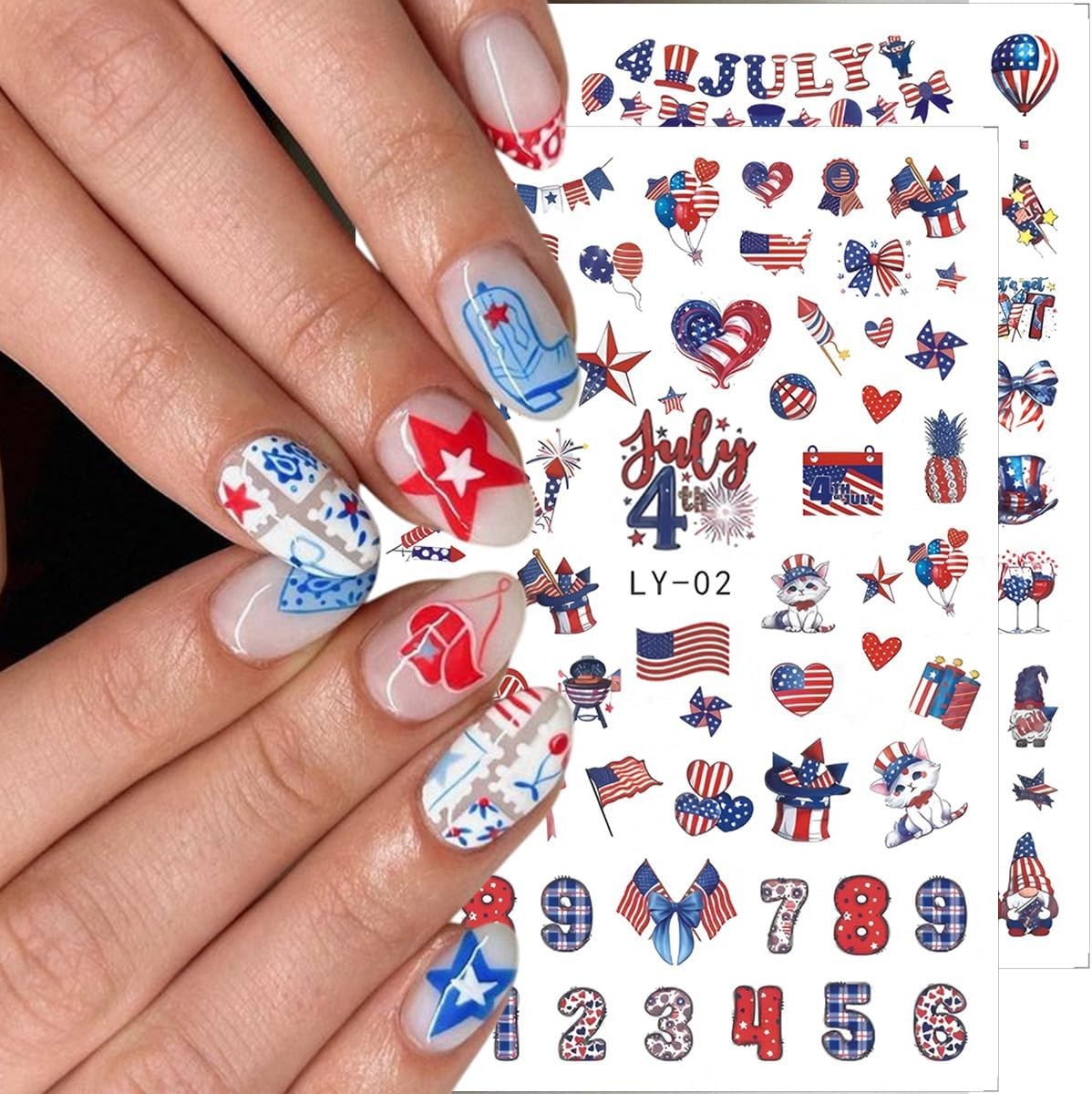 6 Sheets 4th of July 3D Nail Stickers Patriotic Flag Fireworks Nail Decals