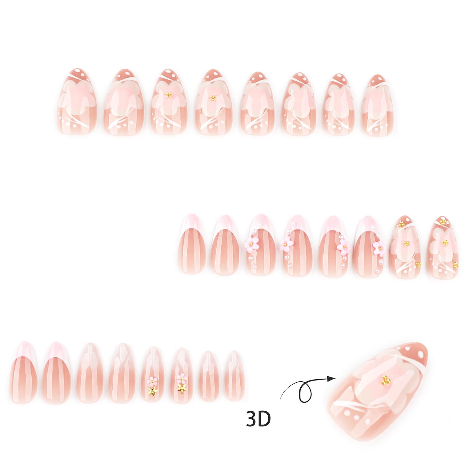 24Pcs White French Tip Press on Nails Short Almond Fake Nails with 3D Pink Flowe