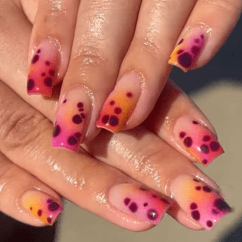 48Pcs-Medium Square Pink Orange Gradient Dark Purple Leopard Spot Press on Nails