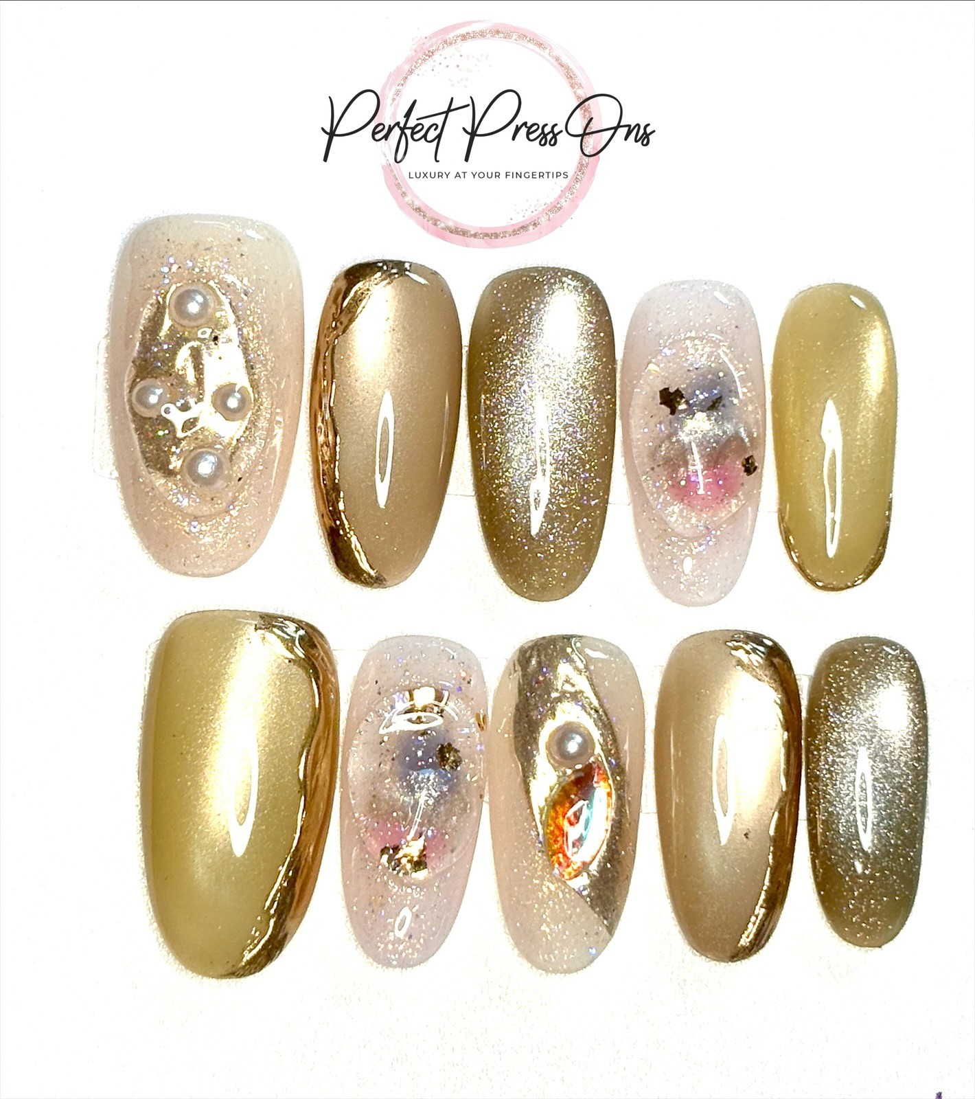 Green-Gold Chrome Press On Nails Medium Liquid Metallic Pearls Luxury Wedding 10