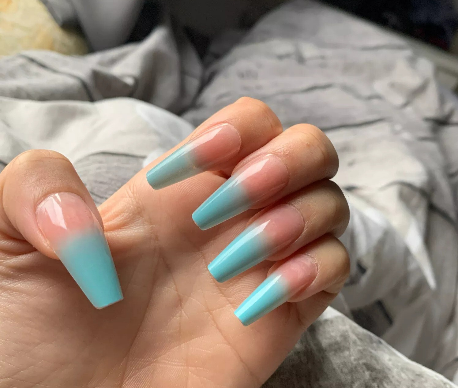 24 Press on Nails kit w Glue extra long Coffin nude teal ombre blue green