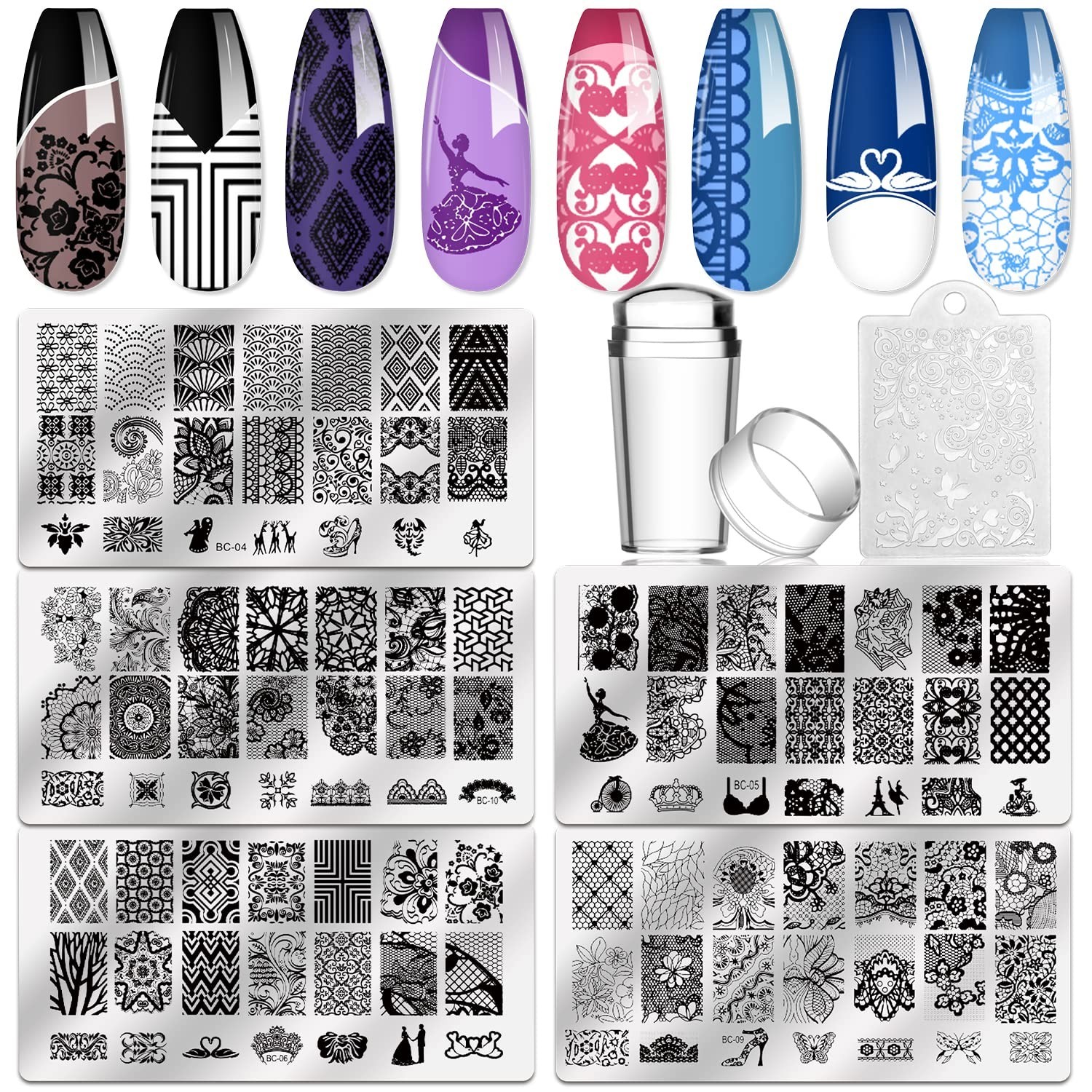 Complete 5-Piece Nail Stamping Set: Plates, Stamper & Scraper for DIY Designs