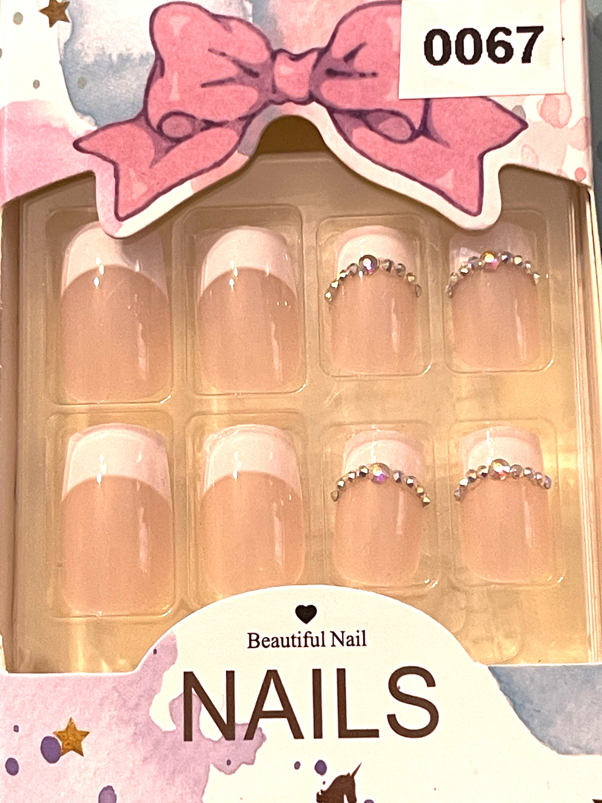 Beautiful Nails NUDE with WHITE FRENCH TIP & RHINESTONES Press On Manicure NIB