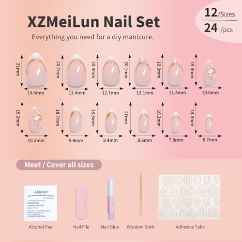 Pink French Tips Press On Nails Short 24 pieces (Pack of 1) 1889-Almond Flower