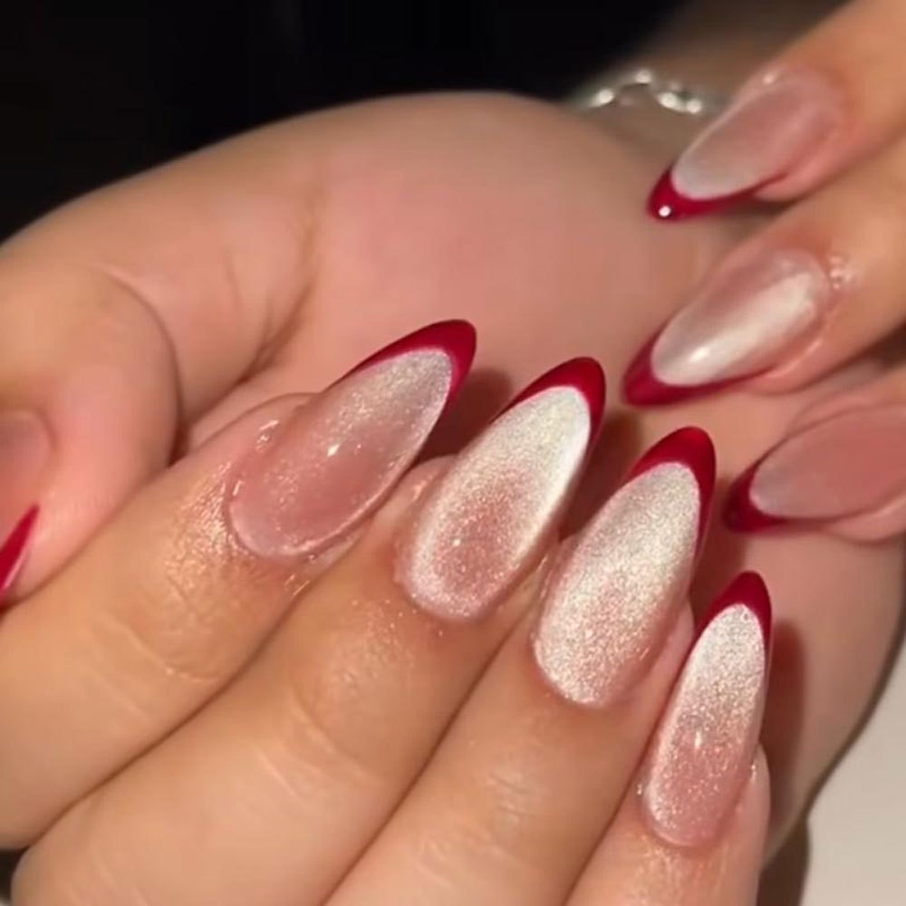 48Pcs-Long Almond Red French Tip Nude White Cat Eye Gradient Press on Nails Set
