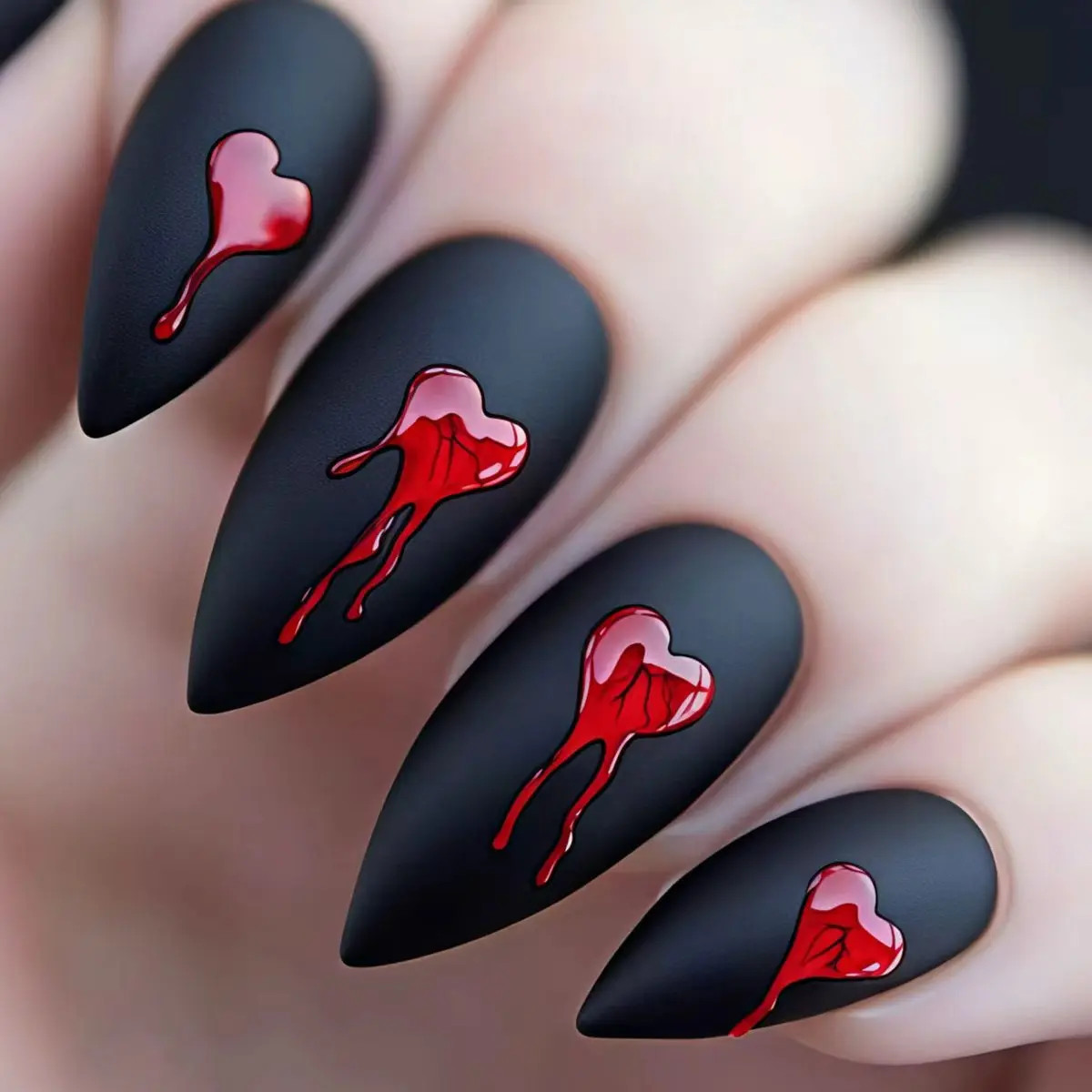 24pcs Black Almond Red Heart Rose Press On Nails