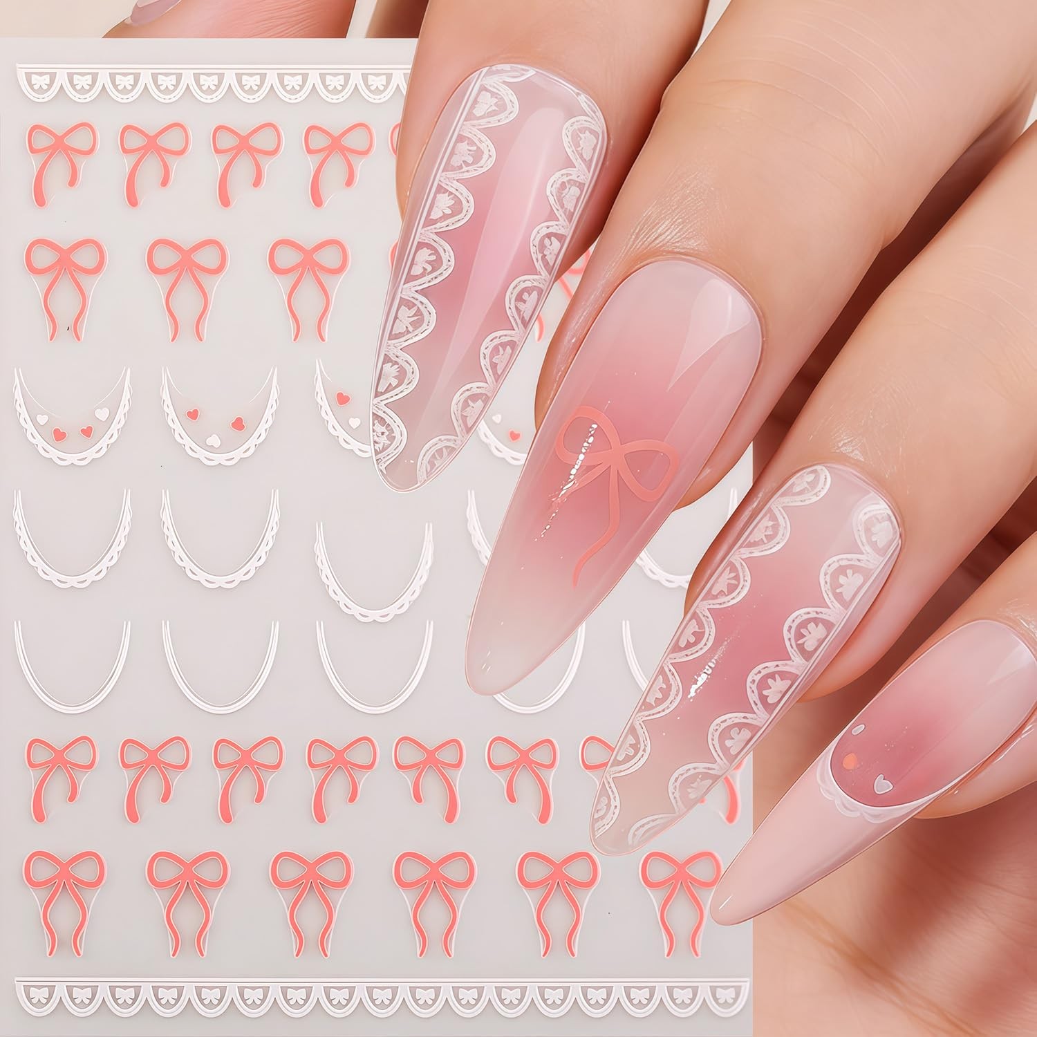 Bow Nail Decals for Nail Art 3D French Tip Nail Stickers Self-Adhesive Decor