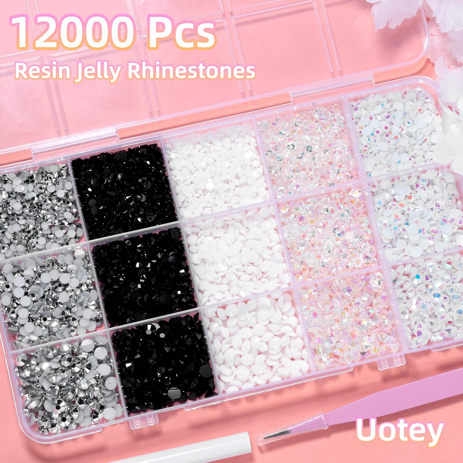12000 Pcs Resin Jelly Rhinestones for Crafting, Multi Sizes Flatback White Bl…