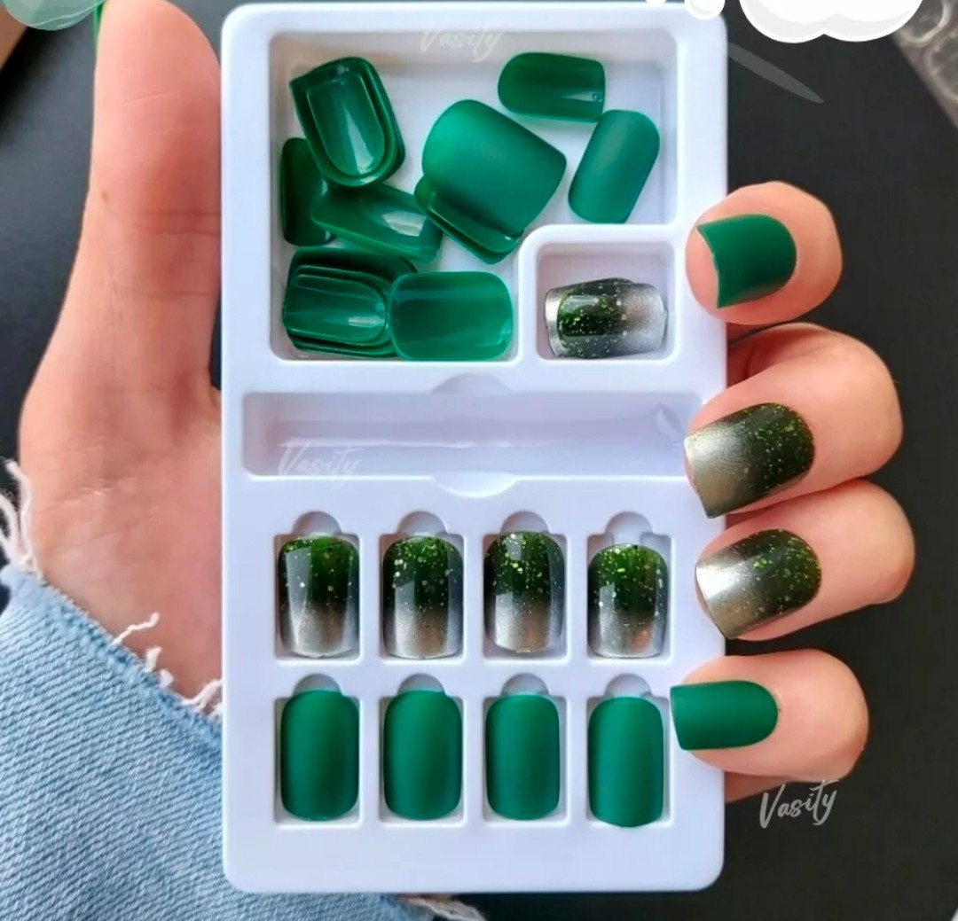 Metallic Green press on nails kit with glue silver unique design