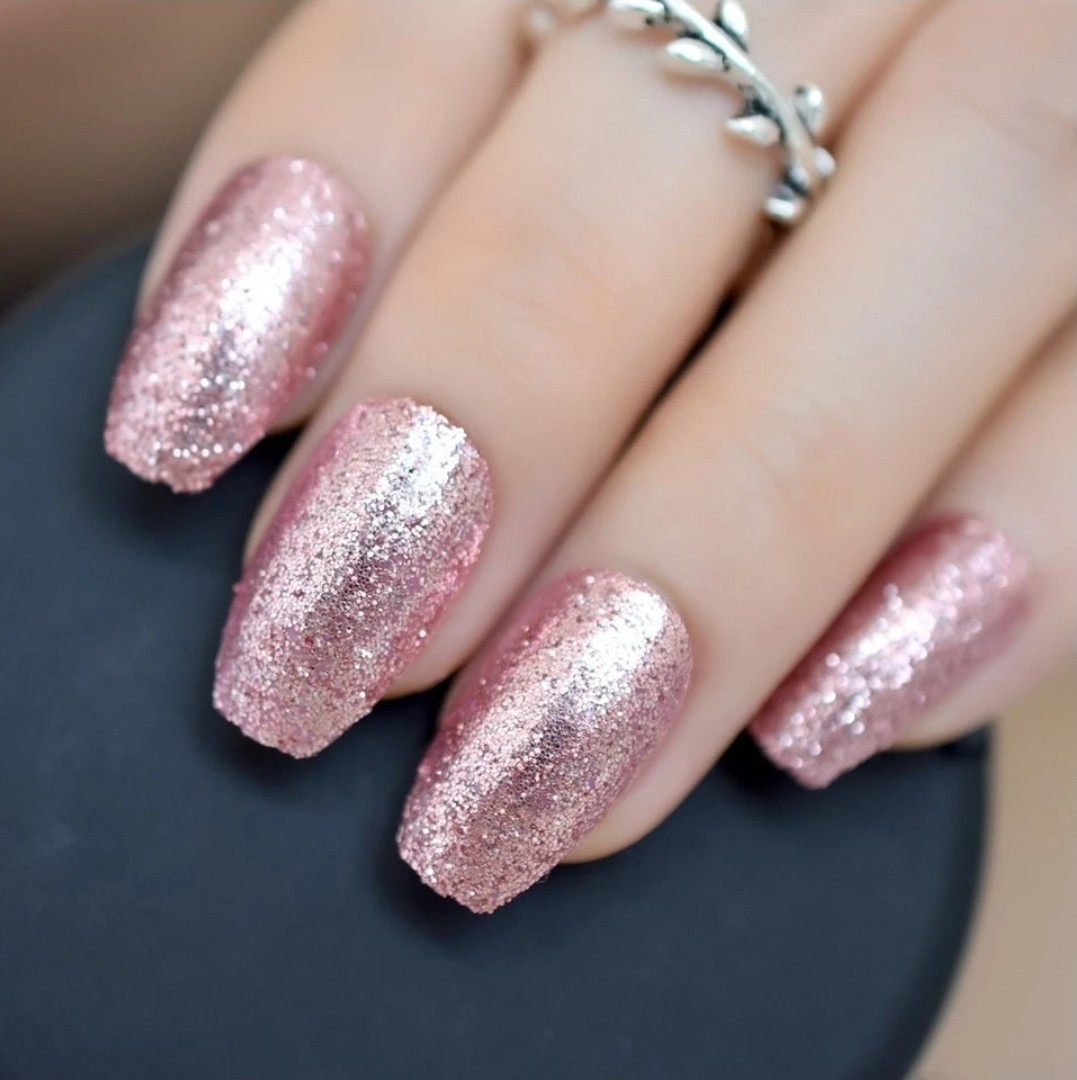 24 Pink Rose Gold Glitter Press on nails kit w/ glue Medium Coffin sparkle