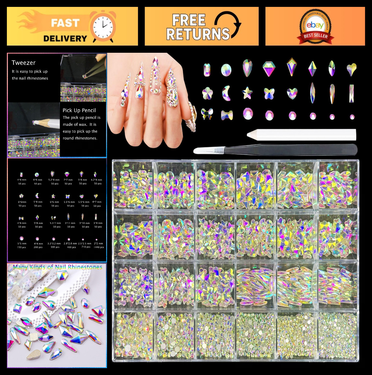 Nail Art Rhinestones Kit – 900 Special-Shaped AB Diamonds & 3200 Flat Gems for D
